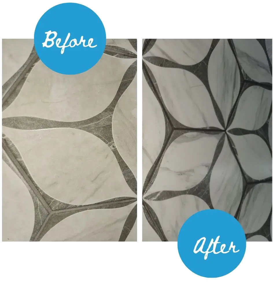 Before and after images of patterned tile, showing a refreshed look with enhanced contrast and clarity in design details.